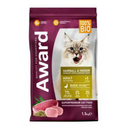 Быстрый заказ — Сухой корм AWARD Hairball & Indoor для взрослых кошек для выведения шерсти с уткой и индейкой