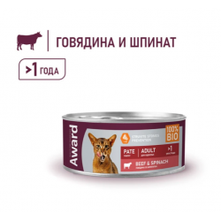 Влажный корм AWARD для взрослых кошек паштет из говядины со шпинатом 100г