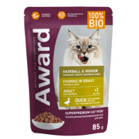 Влажный корм AWARD Hairball & Indoor для выведения шерсти у взрослых домашних кошек, кусочки в соусе с уткой 85г Влажный корм AWARD Hairball & Indoor для выведения шерсти у взрослых домашних кошек, кусочки в соусе с уткой 85г