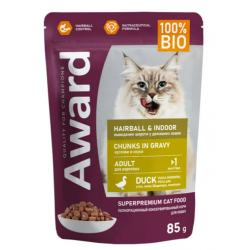 Быстрый заказ — Влажный корм AWARD Hairball & Indoor для выведения шерсти у взрослых домашних кошек, кусочки в соусе с уткой 85г