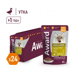 Влажный корм AWARD Hairball & Indoor для выведения шерсти у взрослых домашних кошек, кусочки в соусе с уткой 85г