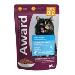 Быстрый заказ — Влажный корм AWARD Sterilized для взрослых стерилизованных кошек кусочки в соусе с лососем 85г