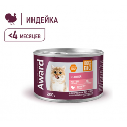 Влажный корм AWARD для котят с начала прикорма до 4 месяцев, беременных и кормящих кошек паштет из индейки  200г Влажный корм AWARD для котят с начала прикорма до 4 месяцев, беременных и кормящих кошек паштет из индейки  200г