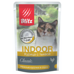 Быстрый заказ — BLITZ Classic Indoor Cats (для стерилизованных кошек и кастрированных котов с курицей и тыквой)