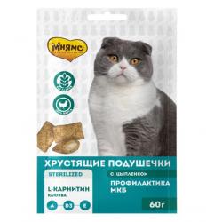 Мнямс хрустящие подушечки  "Профилактика МКБ" для стерилизованных кошек с цыпленком и клюквой 60 г Мнямс хрустящие подушечки  "Профилактика МКБ" для стерилизованных кошек с цыпленком и клюквой 60 г