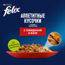 Purina Felix (аппетитные кусочки для кошек с говядиной в желе) 85г х 26шт Purina Felix (аппетитные кусочки для кошек с говядиной в желе) 85г х 26шт