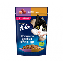 Быстрый заказ — Purina Felix Аппетитные кусочки Двойная вкуснятина (ягненок с курицей в желе) 85г х 26шт 
