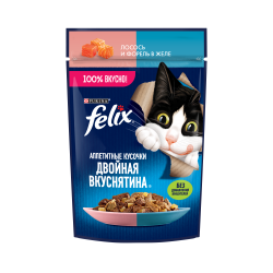 Быстрый заказ — Purina Felix Аппетитные кусочки Двойная вкуснятина (лосось с форелью в желе) 85г х 26шт 