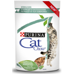 Быстрый заказ — Purina Cat Chow (влажный корм для стерилизованных кошек и кастрированных котов с курицей и баклажанами в соусе) 85г х 26шт