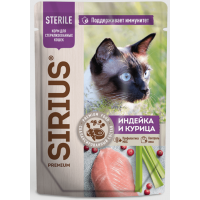 SIRIUS Sterile 85гр *24шт (влажный корм для взрослых стерилизованных кошек, индейка с курицей) SIRIUS Sterile 85гр *24шт (влажный корм для взрослых стерилизованных кошек, индейка с курицей)